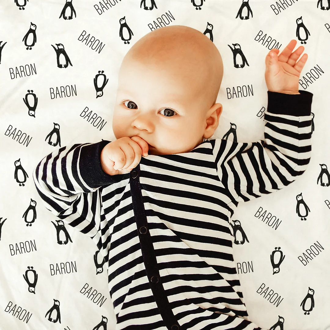 Baron's Penguin Kingdom Personalized Baby Name Blanket