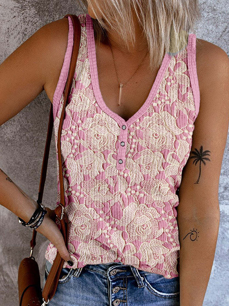  Vintage Lace Art Button Up V Neck Tank Top Westsshops