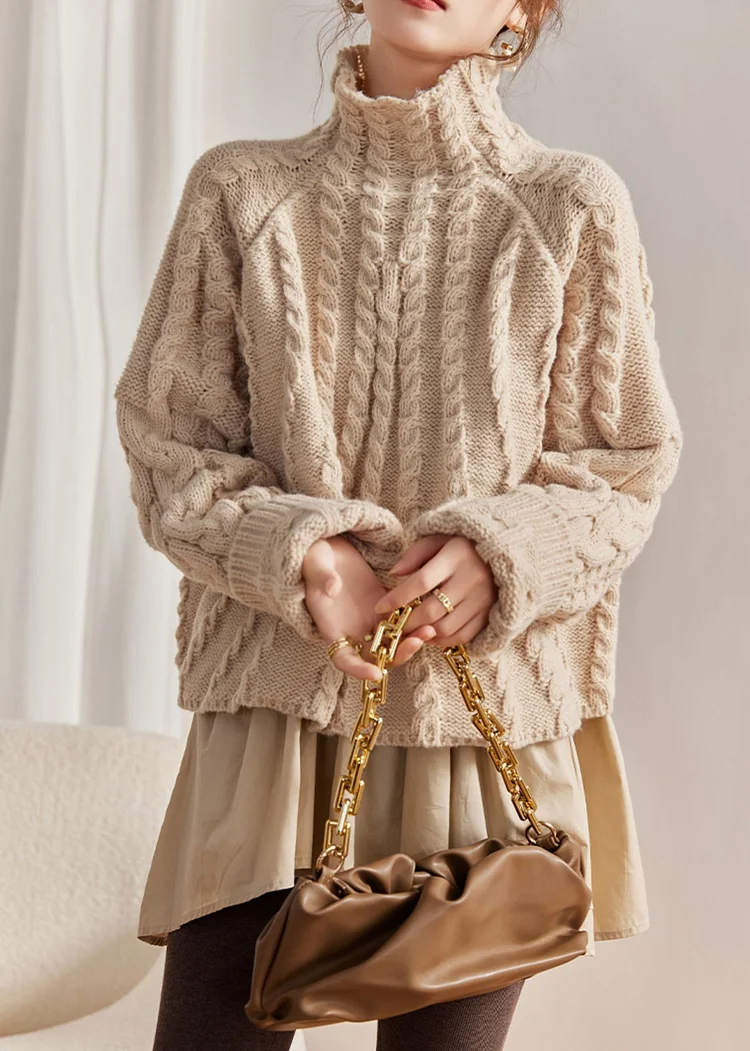Style Beige Hign Neck False Two Pieces Knit Sweaters Winter