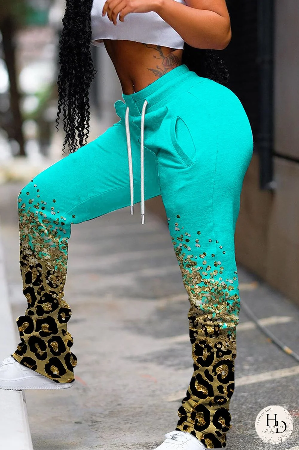 Cyan Casual Print Fold Regular Mid Waist Conventional Full Print Trousers