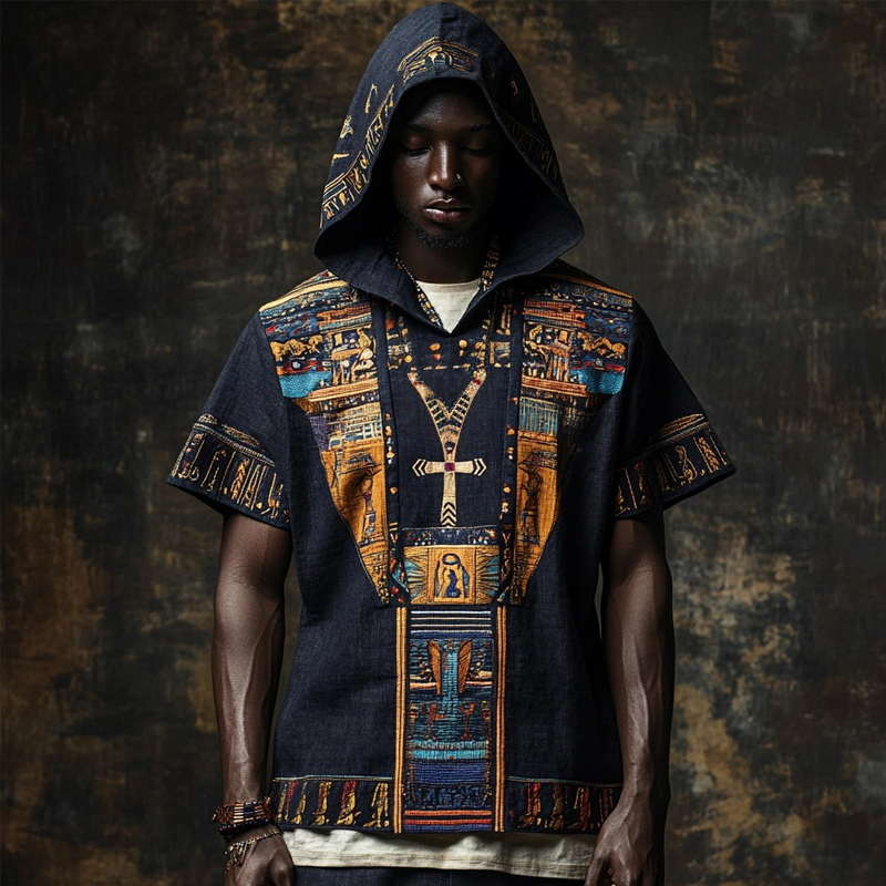 Men's Egyptian Ankh Embroidered Hooded Linen Shirt