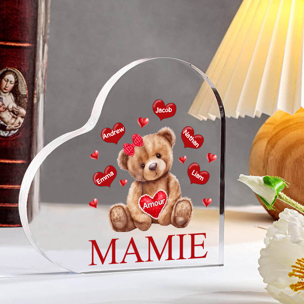 À ma Maman/Mamie - Plaque Acrylique Ours en Forme de Cœur 5 Prénoms Personnalisés avec 1 Texte