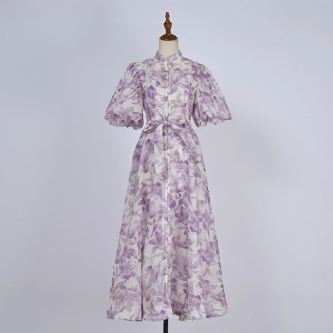 Nigikala Nigikala Court Style High Design Feeling Heavy Industry Nail Drill Short Sleeve Single Buckle Dress + Sling