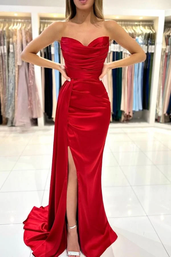 Bellasprom Red Sweetheart Mermaid Prom Dress Pleats With Split Ruffles