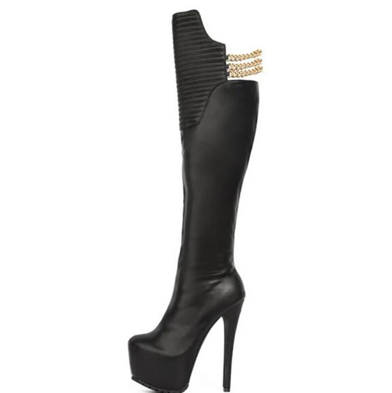 VCSHOES Women Round Toe Black Gold Chain Knee High Boots High Platform Knight Boots Dress Shoes