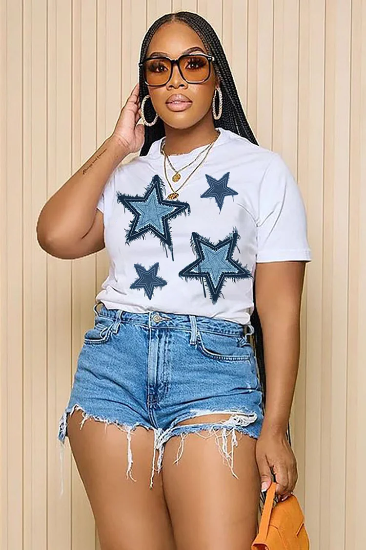 LORAGAL Star Patch Print Crew Neck Short Sleeve Casual T-Shirt-White