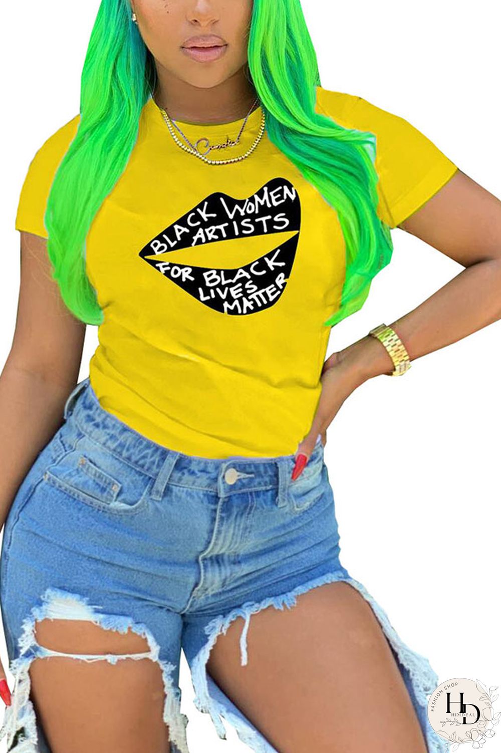 White Yellow O Neck Short Sleeve Letter Patchwork Print Slim fit Lips Print Tops