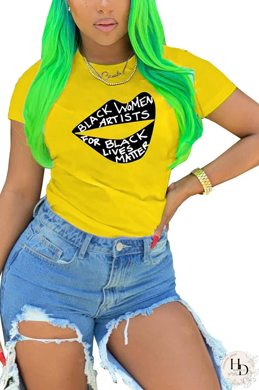 White Yellow O Neck Short Sleeve Letter Patchwork Print Slim fit Lips Print Tops