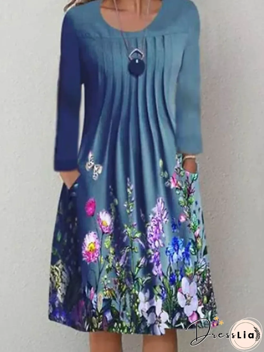 Spring/Summer Floral Print Round Neck Pullover Midi Dress Women's Long Sleeve Vintage Dress