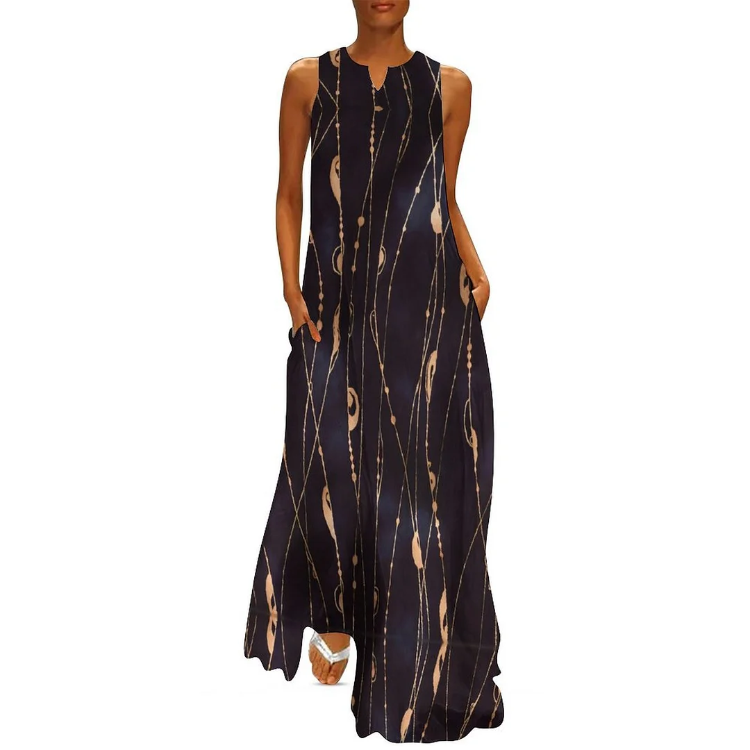 Style & Comfort for Mature Women Plus Size Printed Sleeveless Casual Women Maxi Dress with Pockets in Pattern Glitter, Golden, Black