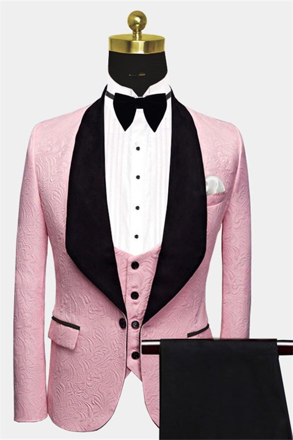 Classic Three Pieces Soft Pink Jacquard Men Suits with Black Shawl Lapel | Ballbellas Ballbellas