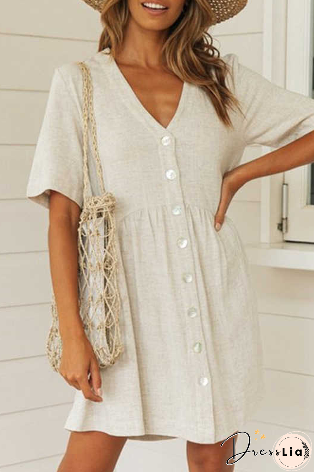 KarliDress V Neck Button A-line Mini Dress P12864