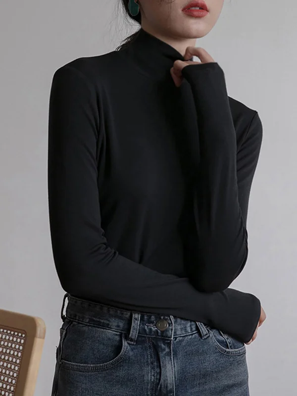 Casual 6 Colors High-Neck Long Sleeves T-Shirt Top
