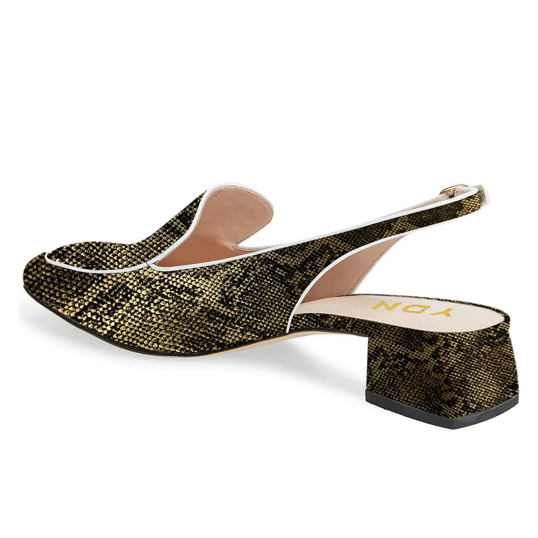 Python Print Square Toe Chunky Heel Slingback Loafer Shoes Women