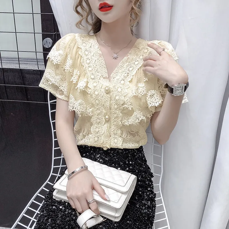 Summer V-neck Hollow Lace Women Tops 2021 New French Sexy Ruffle Stitching Shirt Female Short Sleeve Slim Crochet Blouse 14175 515