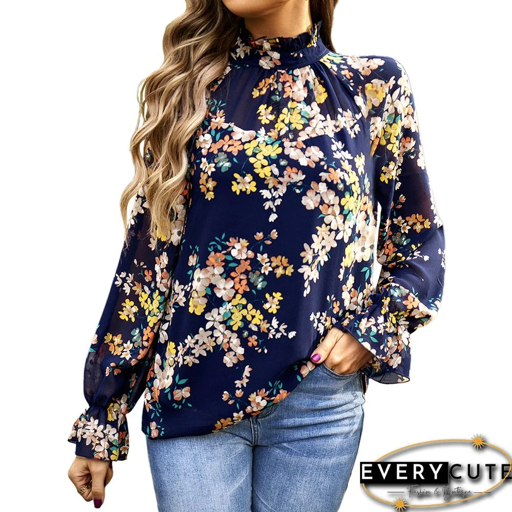 Navy Blue Floral Print Chiffon Long Sleeve Blouse