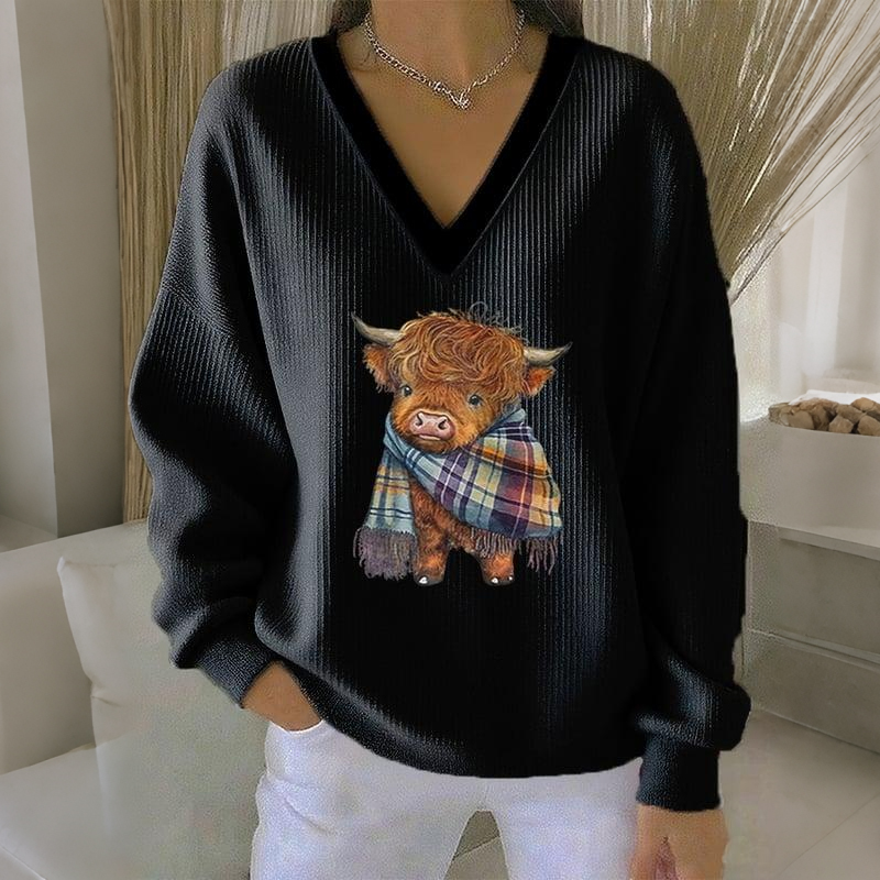 Women's Vintage Highland Cow Print V Neck Casual Sweatshirt elevenforest
