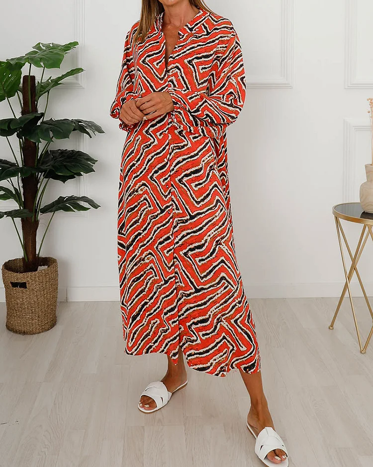 V-Neck Printed Lantern Sleeve Dress
