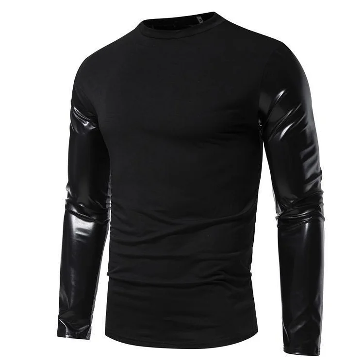 Men's Casual Round Neck Leather Sleeve Long Sleeve T-Shirt