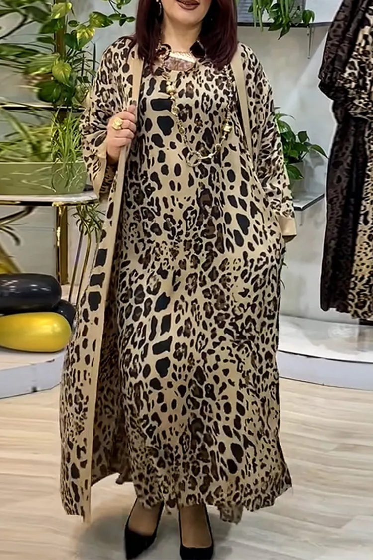 Leopard Print Round Neck Short Sleeve Maxi Dresses Abaya 2pcs Set