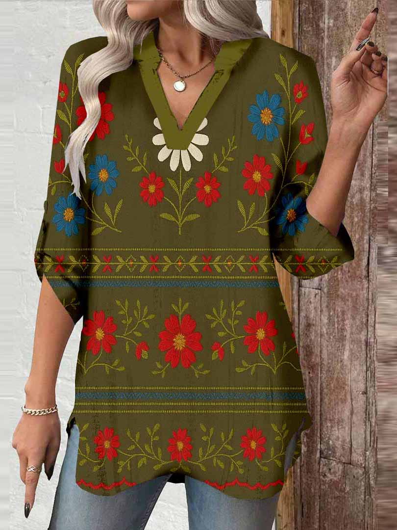 Women Retro,Black,Gold DZGA0327 3/4 Sleeve V-neck Printed Graphic Button Tops