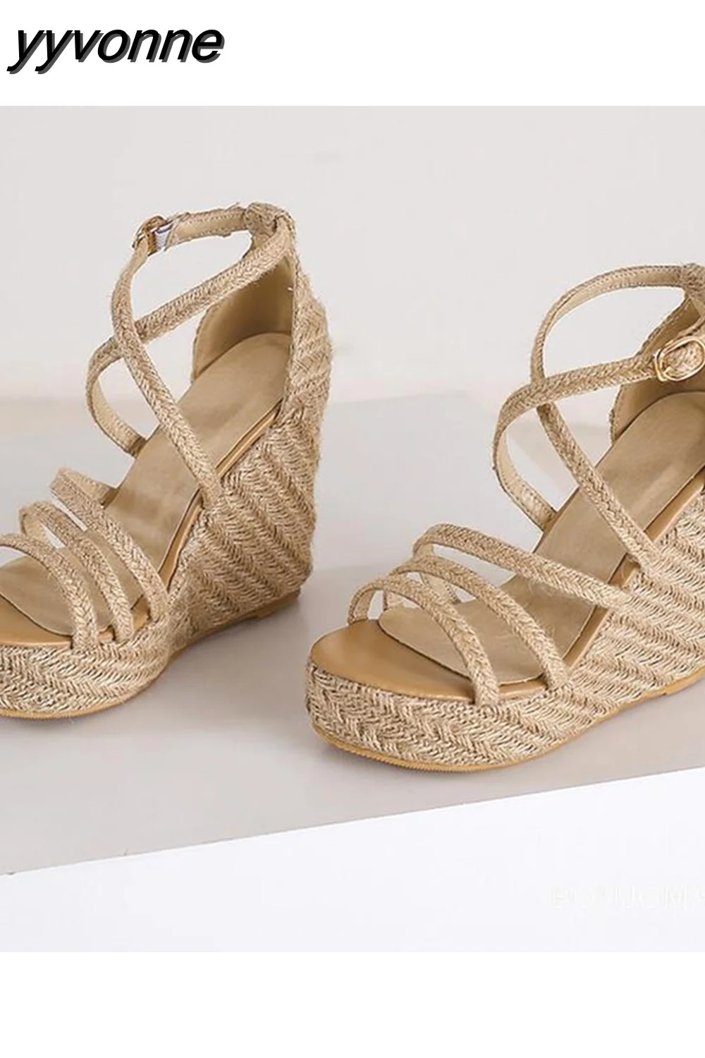 yyvonne High Heel Sandals For Women Cross Strap Fashion Platform Sandals Shoes Summer Narrow Band High Heeled Straw Espadrille