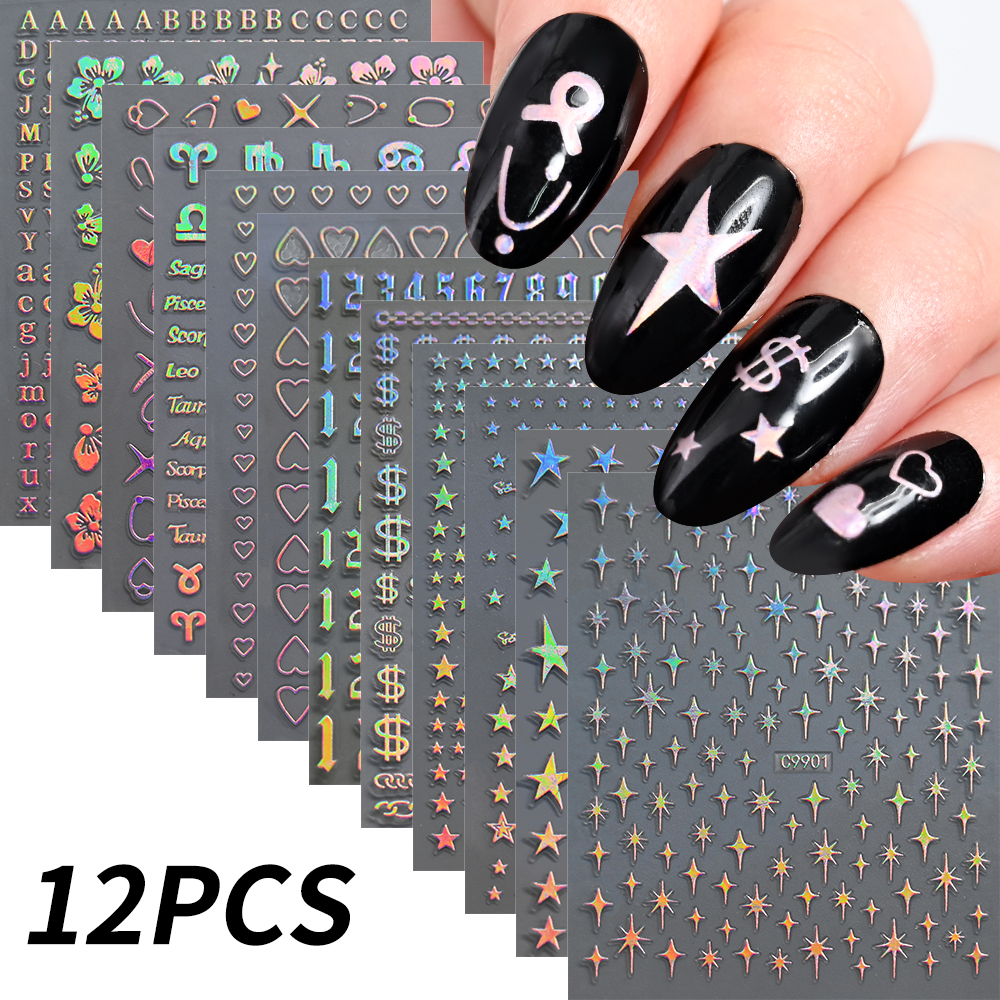 Bonusgor 12Pc Constellation Nail Stickers Pisces Aries Scorpio Alphabet Symbol 3D Bronzing Nail Art Sticker Self Adhesive Manicure Decals