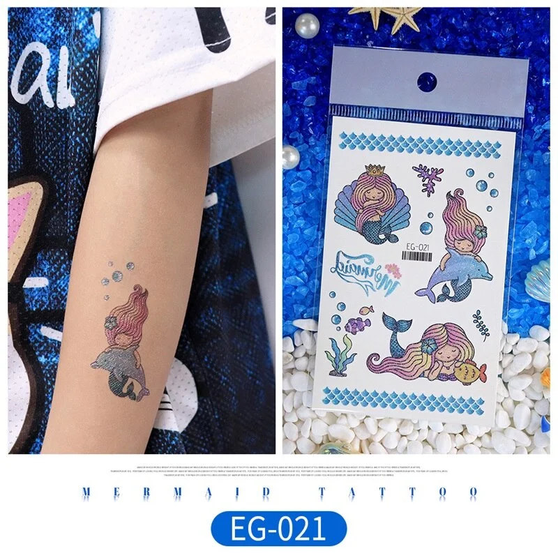 12 kinds Glitter Powder Temporary Tattoo Cartoon Mermaid Ocean Stickers tatouage temporaire Disposable Party Makeup
