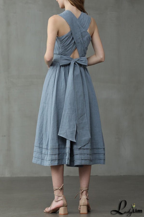 Cross Back O Neck Maxi Linen Dress