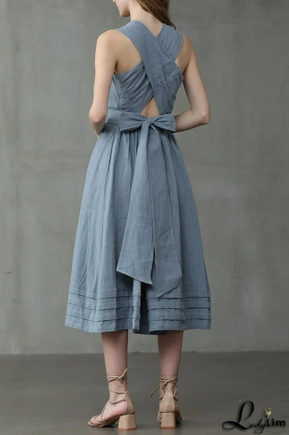 Cross Back O Neck Maxi Linen Dress