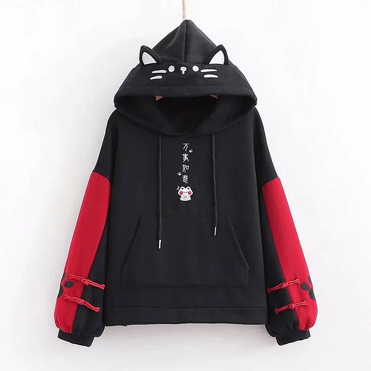 Embroidery Kitty Pocket Colorblock Hoodie - Modakawa Modakawa