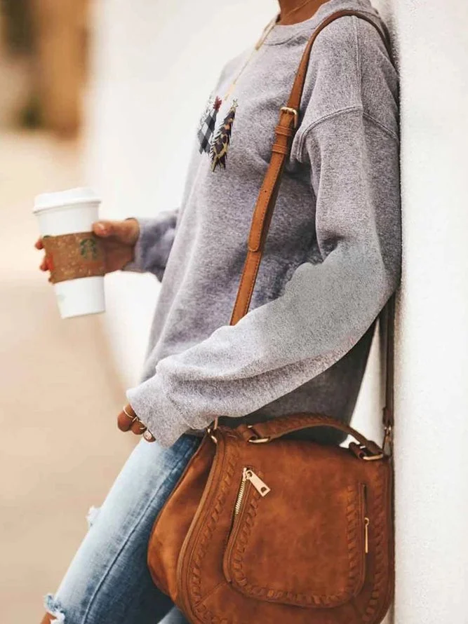 Gray Crew Neck Long Sleeve Casual Shirts Blouses
