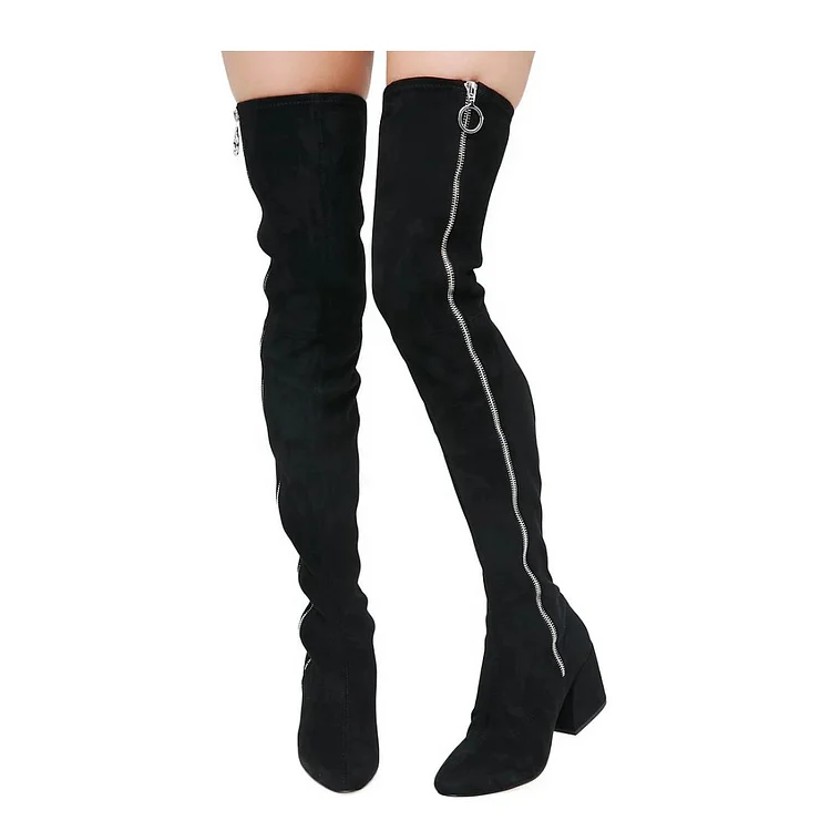 Black Vegan Suede Zip Long Boots Block Heel Sexy Thigh High Boots |FSJ Shoes
