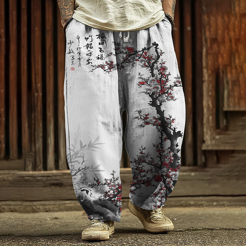 Men's Japanese Art Plum Blossom Print Casual Pocket Pants  artssus