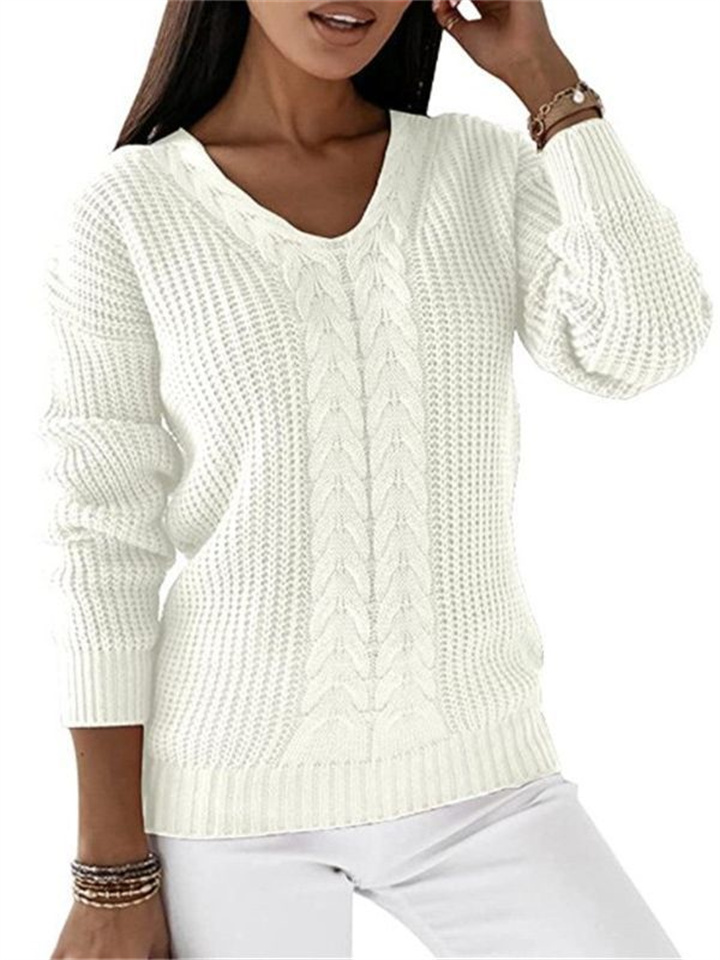 New Women's Sweater Women's Long-sleeved V-neck Solid Color Twist Casual Knitted Sweater