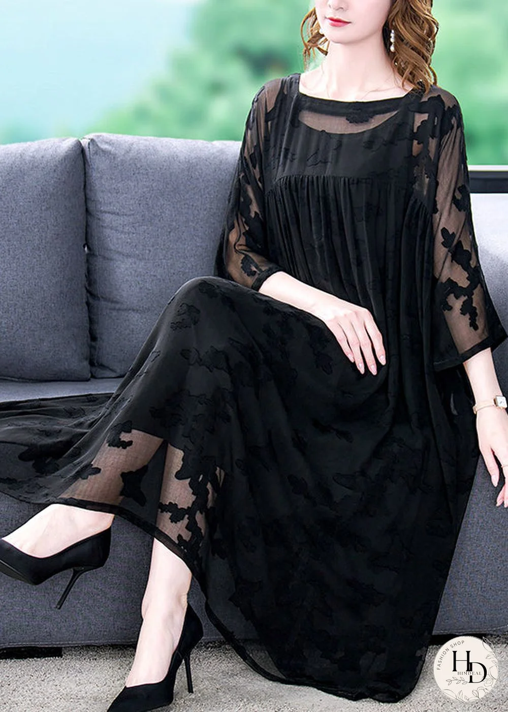 Women Black Square Collar Embroideried Chiffon Dress Two Pieces Set Summer