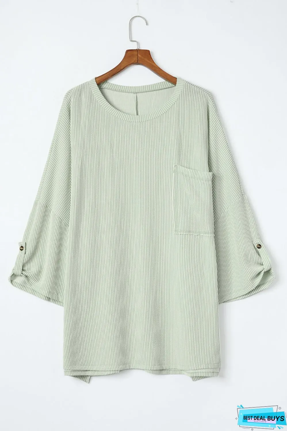 Ribbed Roll-tab Sleeve Oversize Top