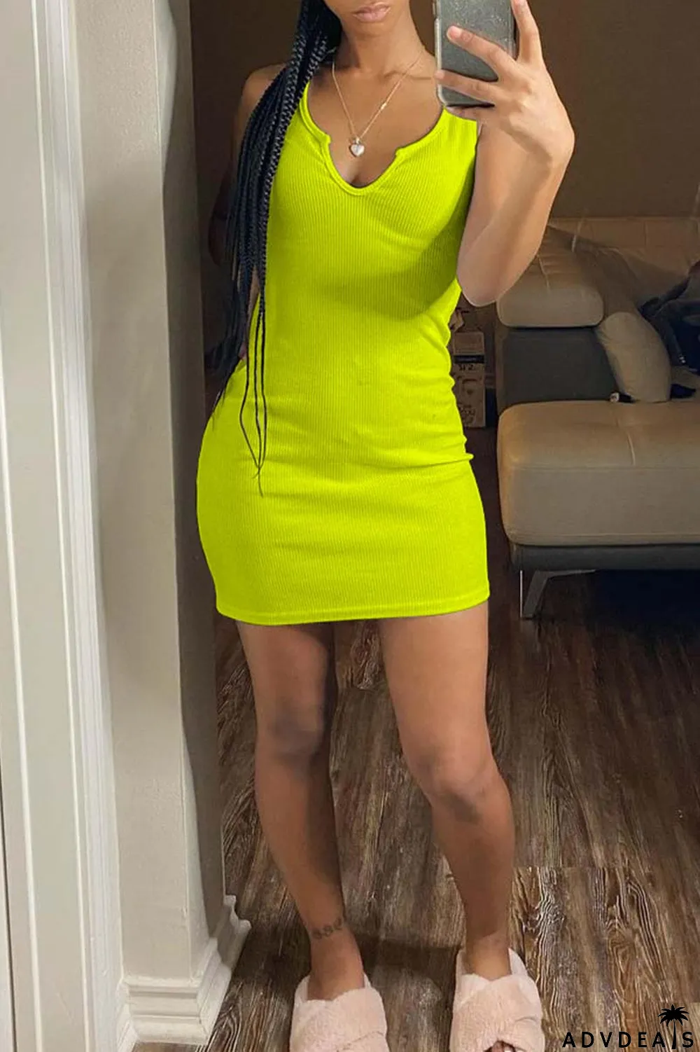 Fluorescent Green Sexy Casual Solid Basic V Neck Vest Dress Dresses