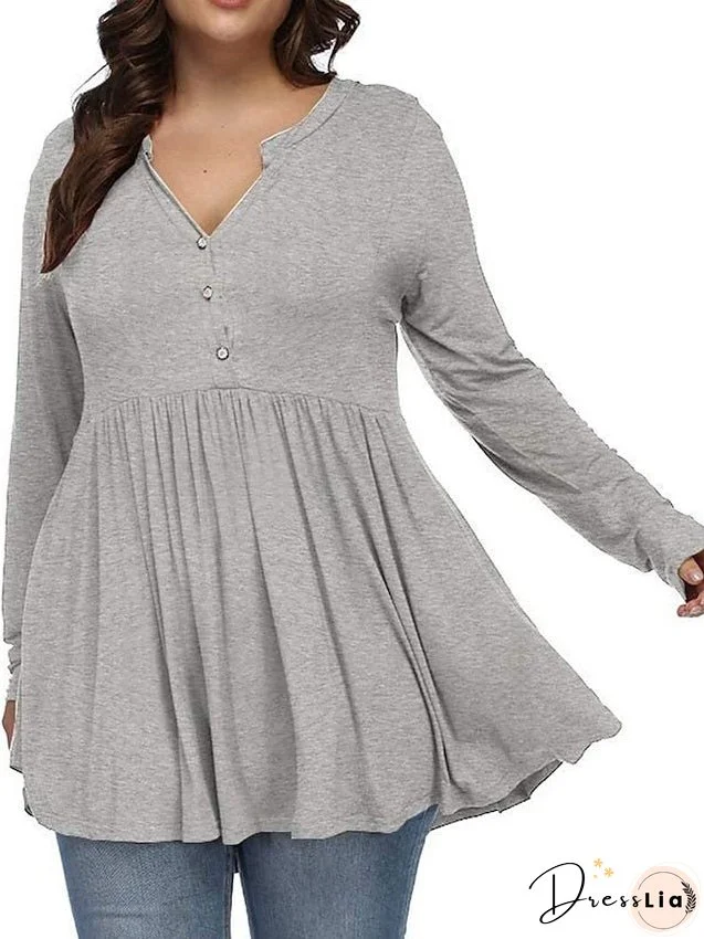 T shirt Tee Light Blue claret Deep Purple Plain Button Flowing tunic Long Sleeve Daily Weekend Basic V Neck Long Plus Size L for Women