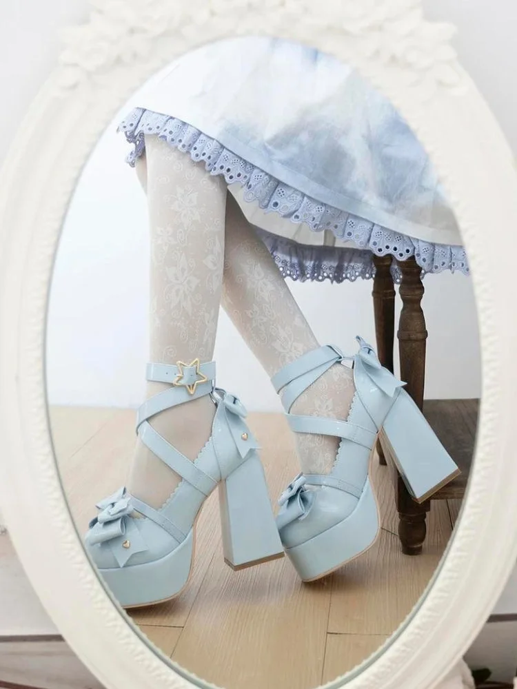 Brownm Bow Star Buckled Platform High Heels
