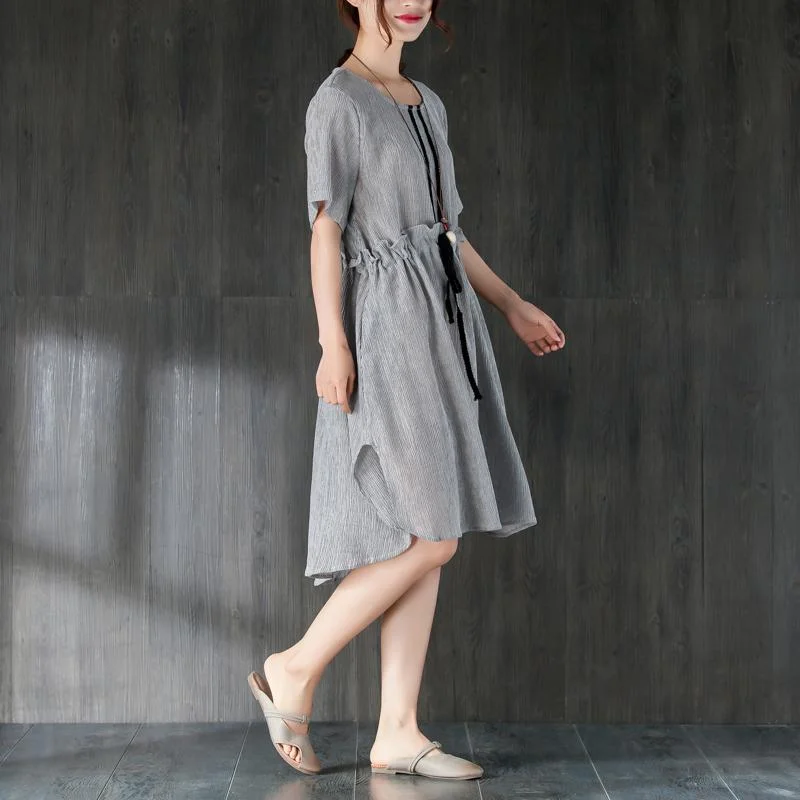 stylish Midi cotton dresses Loose fitting Gray Women Summer Dress with Ruffles and Ribbon