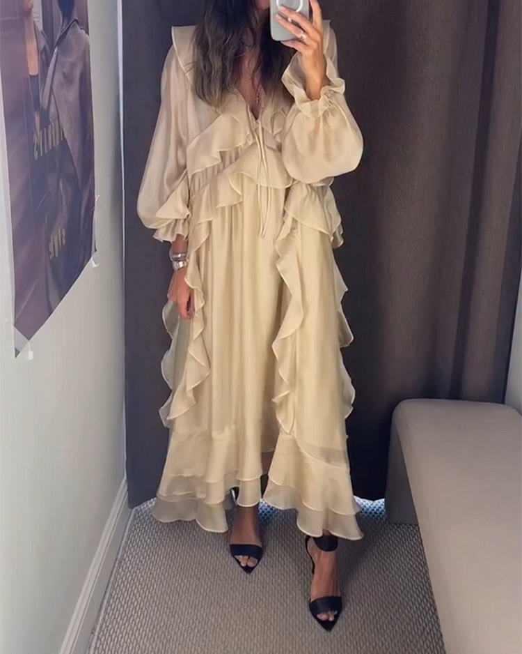 V-neck Pleated Long-sleeved Dress