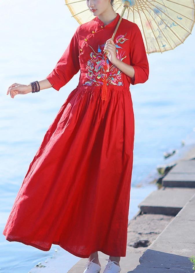 Elegant red embroidery linen Robes v neck drawstring summer Dresses
