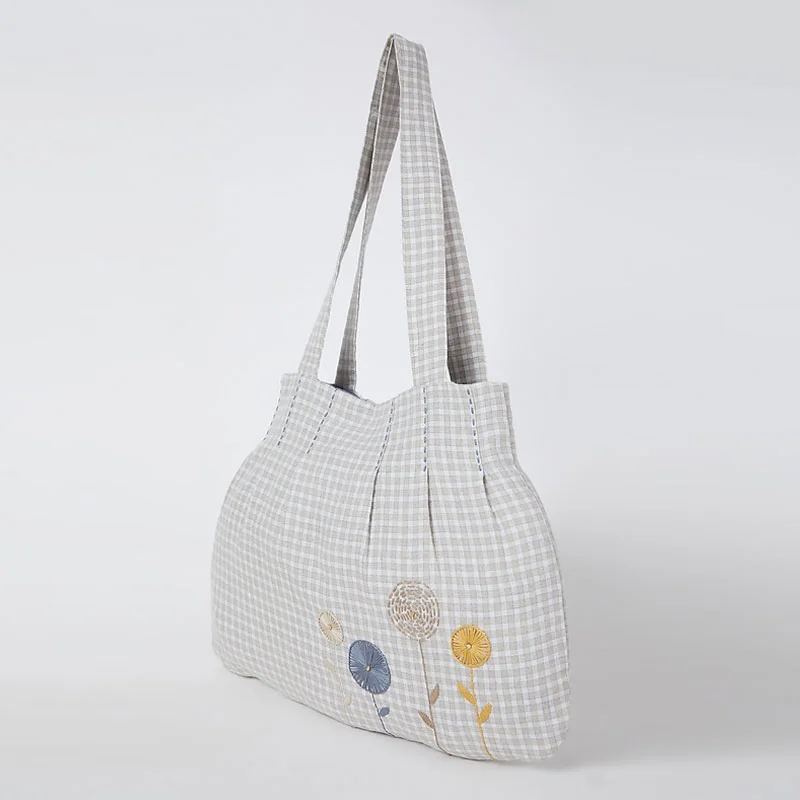 Beige Embroidered Checkered Handbag
