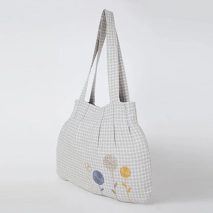 Beige Embroidered Checkered Handbag