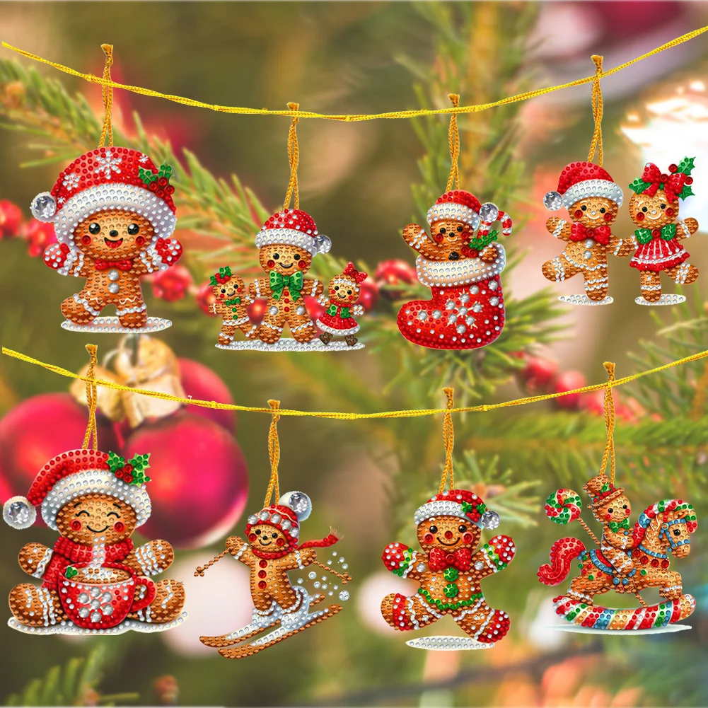 8Pcs DIY Christmas Gingerbread Man Acrylic Special Shaped Christmas Theme Diamond Painting Hanging Decorations