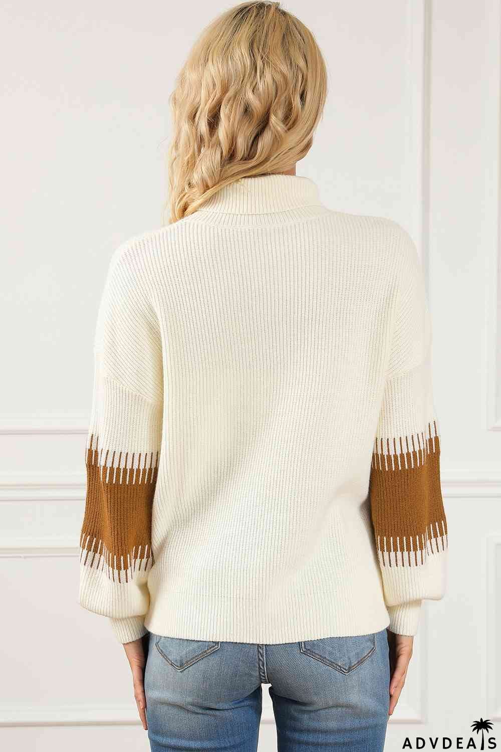 Contrast Turtleneck Long Sleeve Sweater