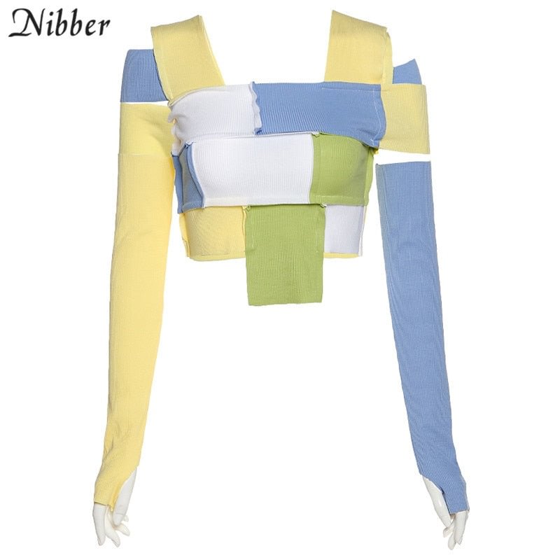 Nibber Sexy off shoulder Patchwork Women CropTops fashion Knitted Street tees Supporting detachable Gloves slim T-shirts mujer