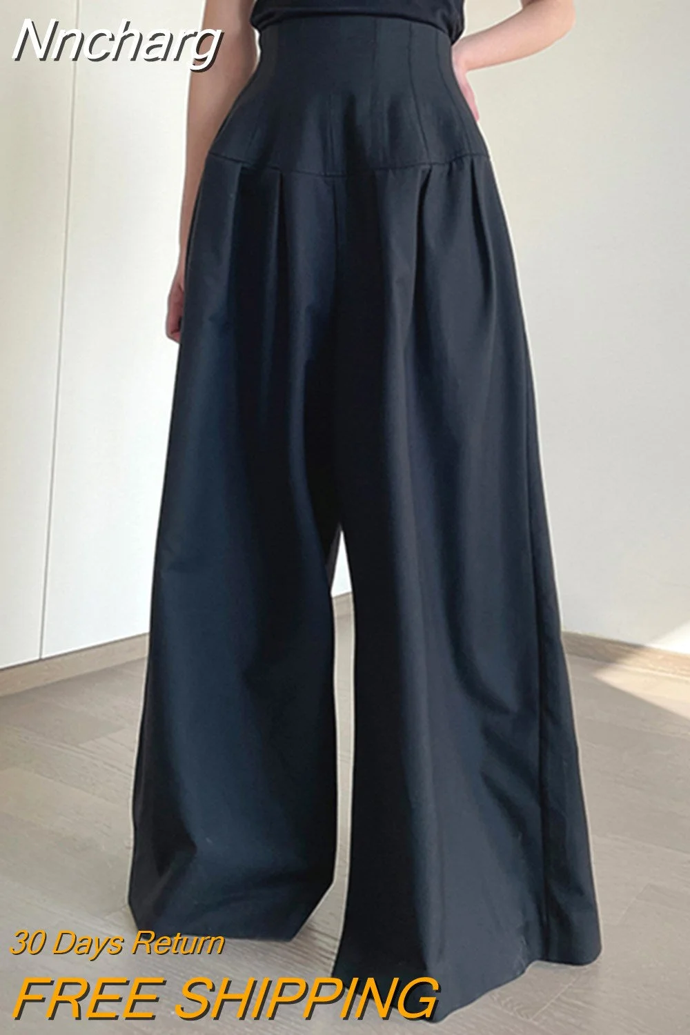 Nncharge Oversize Wide Leg Pants For Women Gathered Waist Spliced Ruched Casual Solid Long Trousers Female Clothing Summer