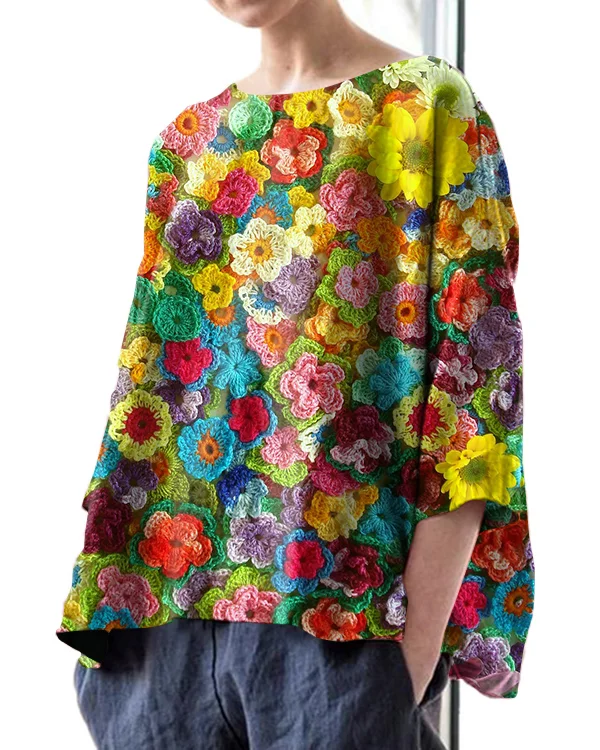 Vintage Floral Embroidery Print Crew Neck Linen Loose Top